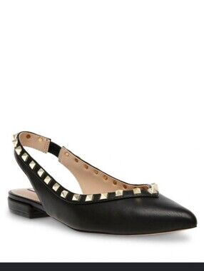 Black Pointed Toe Studded Slingback Flats